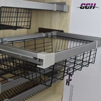 Household wardrobe closet laundry clothes storage wire baskets pull out chrome sliding baskets